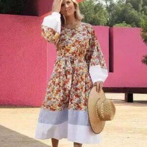 Tory Burch A-Line Dress Neutrals Floral Long Sleeves Scoop Neck Midi XS ($398)